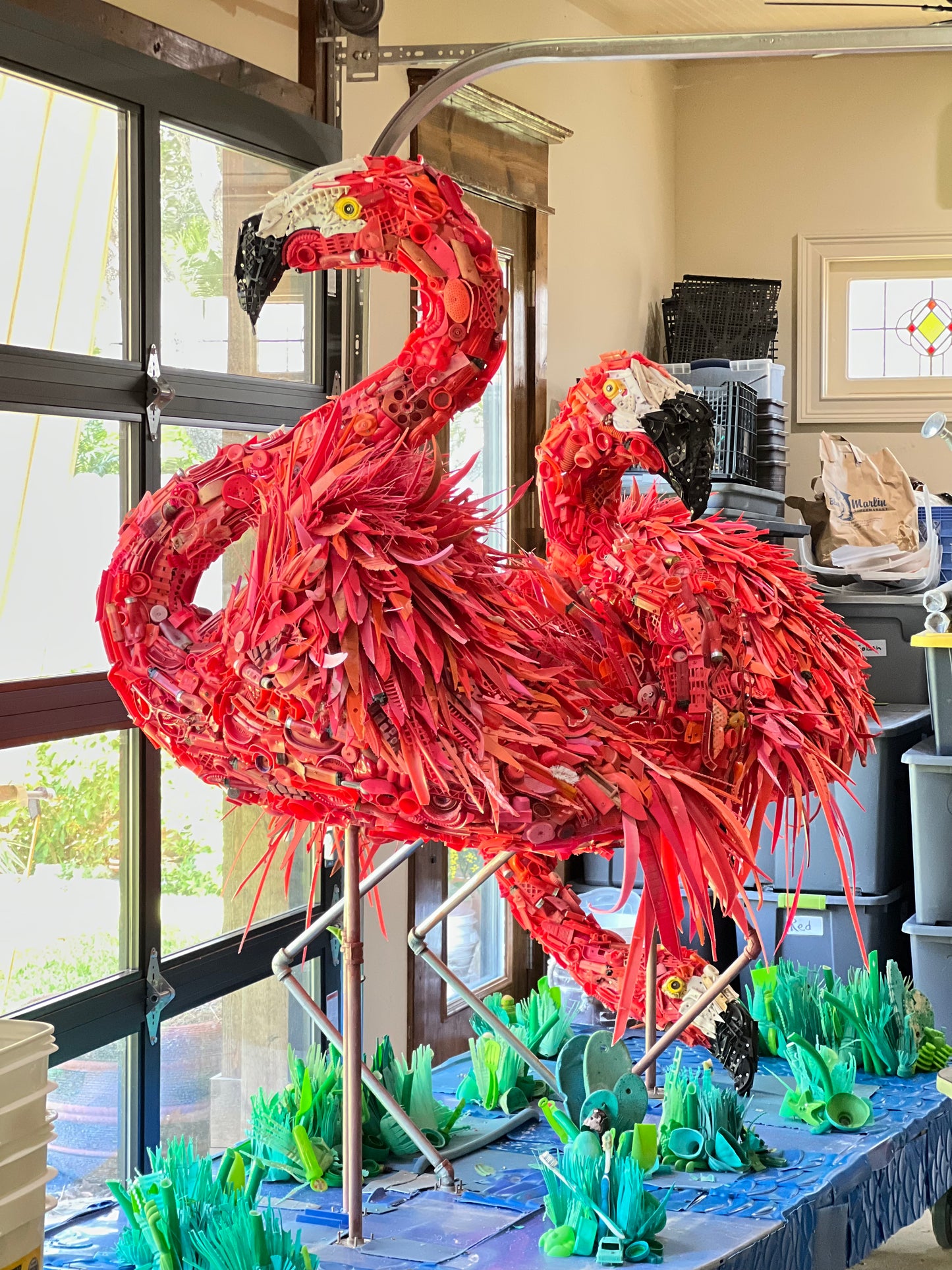 Plastic Beach Trash Flamboyance of Flamingos Sculpture