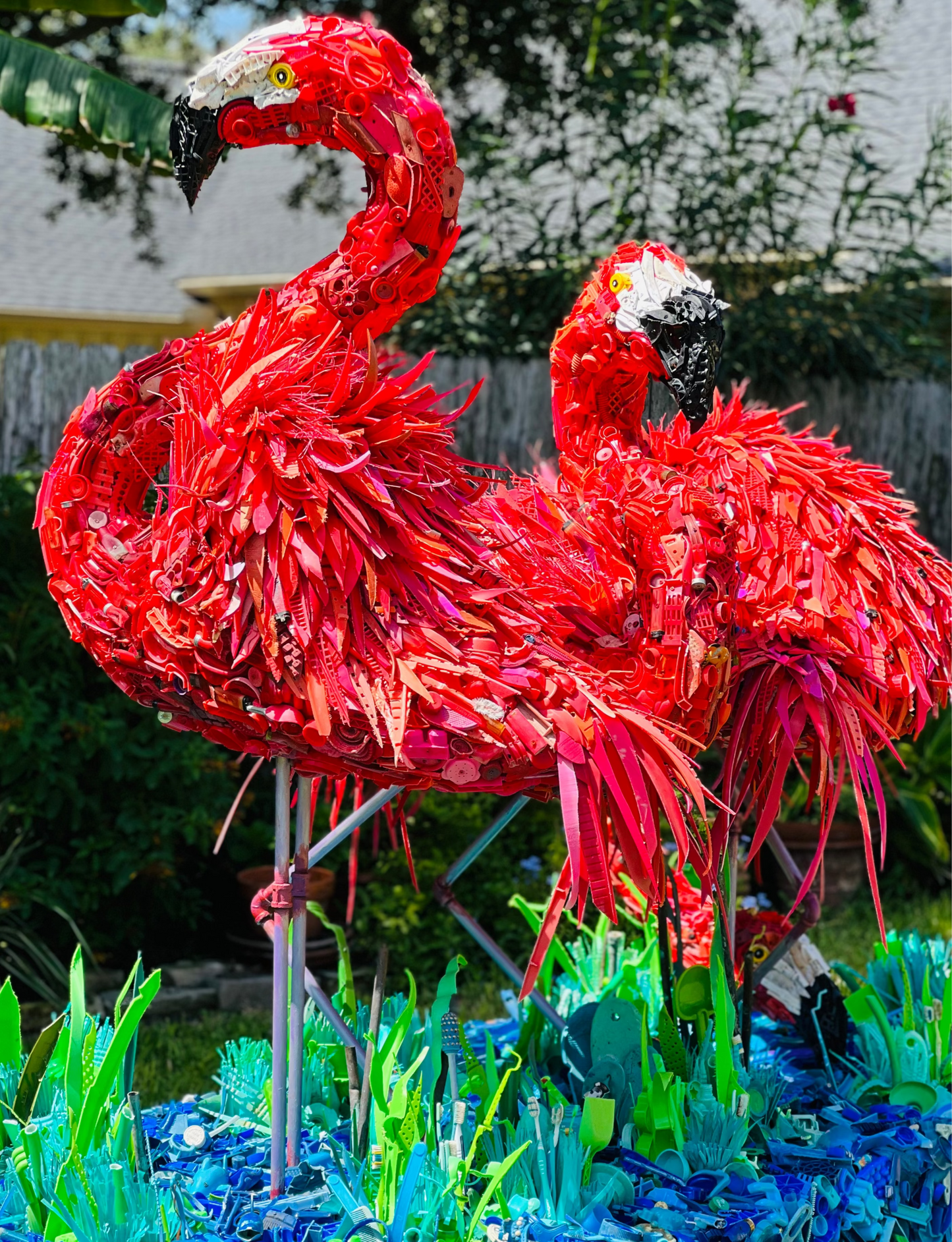 Plastic Beach Trash Flamboyance of Flamingos Sculpture